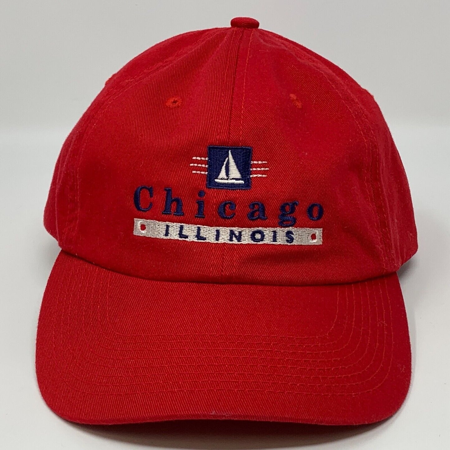 Red Perrin baseball cap featuring 'Chicago' and 'Illinois' embroidery on the front