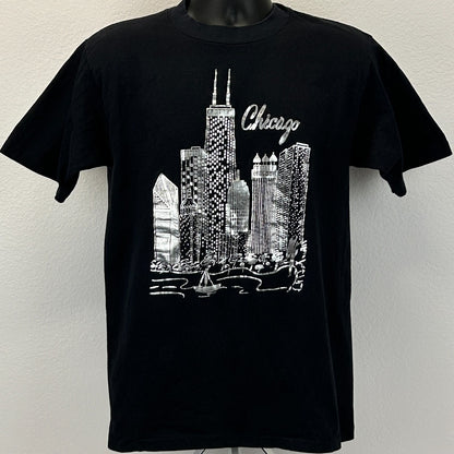 Oneita Vintage T-Shirt Black Large Front Chicago T Shirt with City Skyline Design