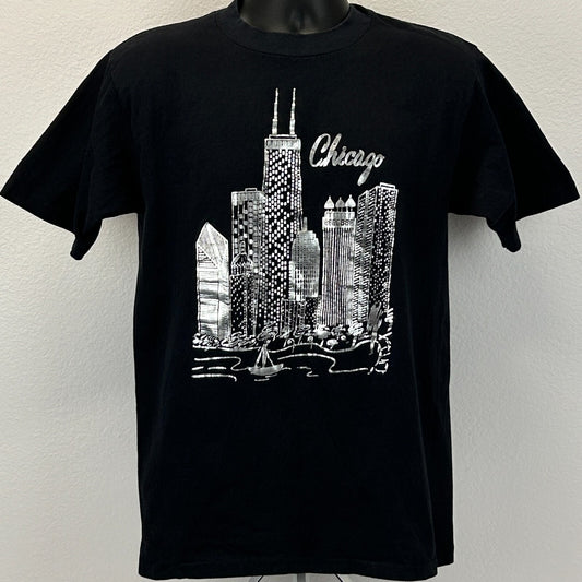 Oneita Vintage T-Shirt Black Large Front Chicago T Shirt with City Skyline Design