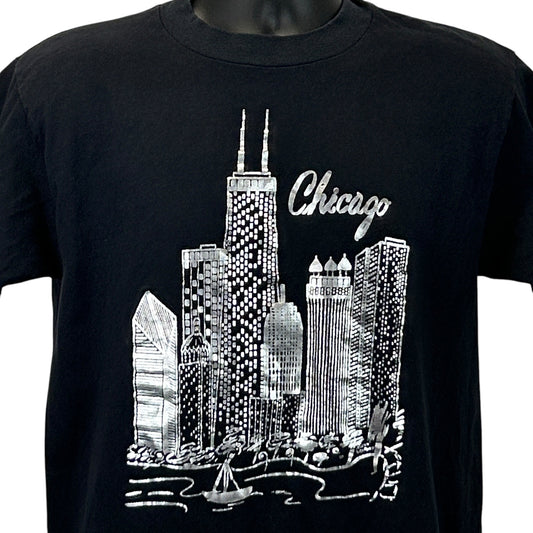 Oneita Vintage T-Shirt Black Size Medium Front with Chicago skyline graphic