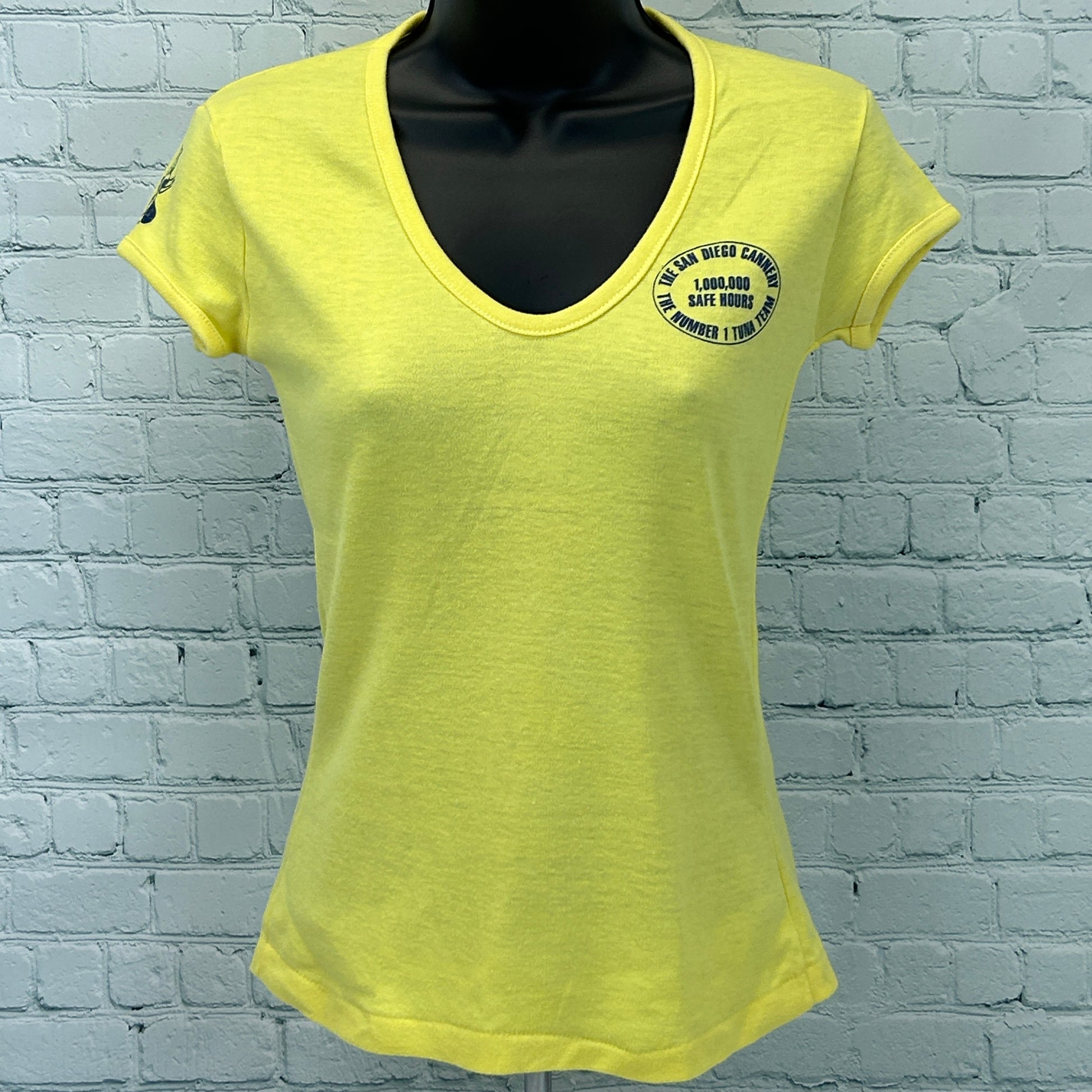 Yellow Fun-Tees Women's V-Neck T-Shirt with Chicken of the Sea logo on front