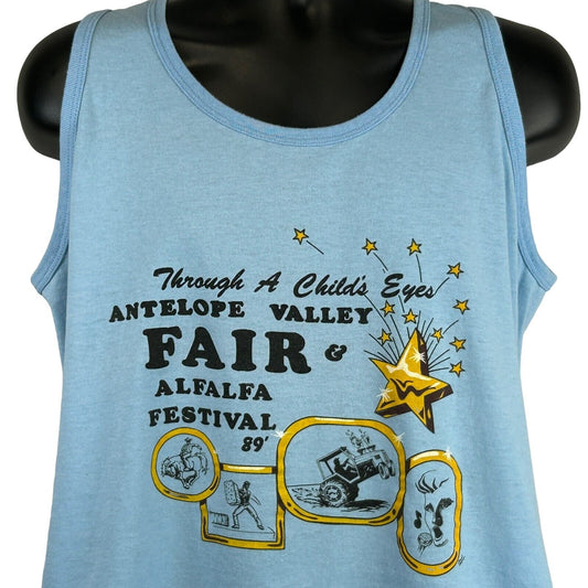 Light blue tank top featuring Antelope Valley Alfalfa Festival graphic, front view with colorful print detail