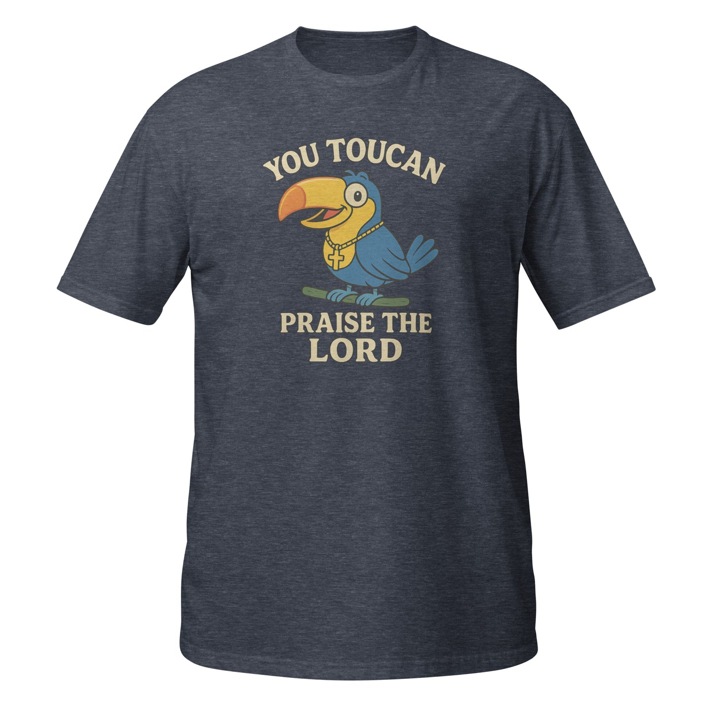Navy blue Christian T-shirt featuring a toucan graphic with the text You Toucan Praise the Lord on the front