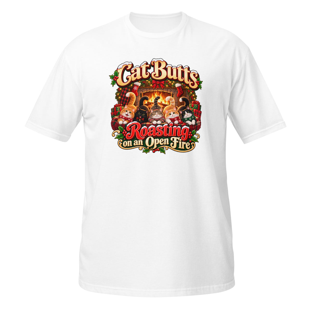 Neonvtg Christmas Cats T-Shirt in White with Fun Graphic of Cats by the Fire