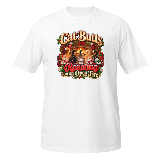 Neonvtg Christmas Cats T-Shirt in White with Fun Graphic of Cats by the Fire