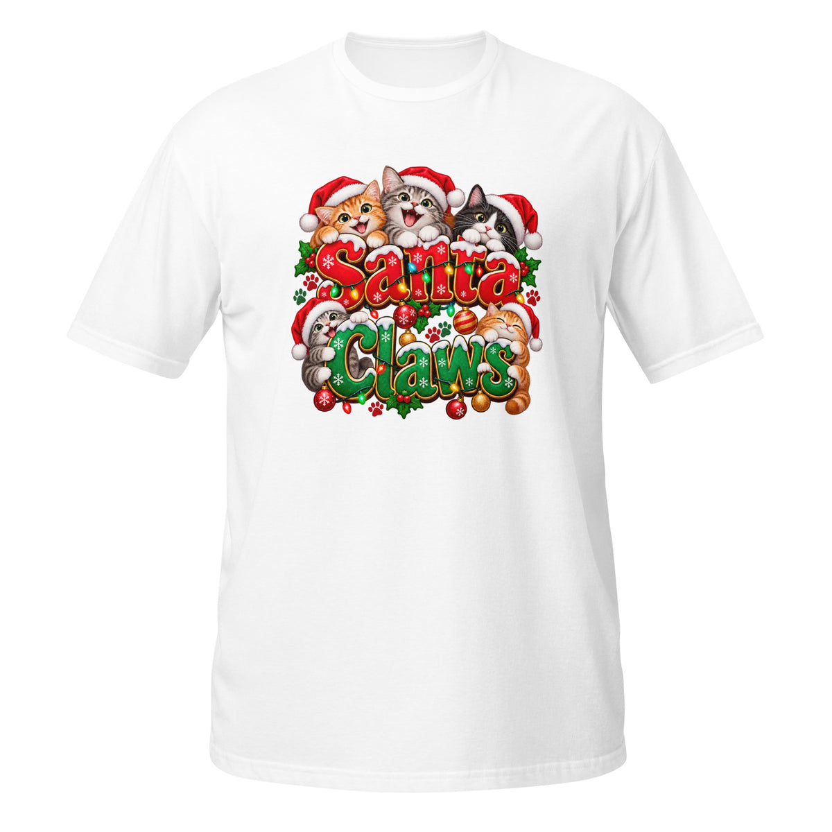 Neonvtg Christmas Cats T-Shirt in White with Santa Claws Design, Vintage Style for Cat Lovers