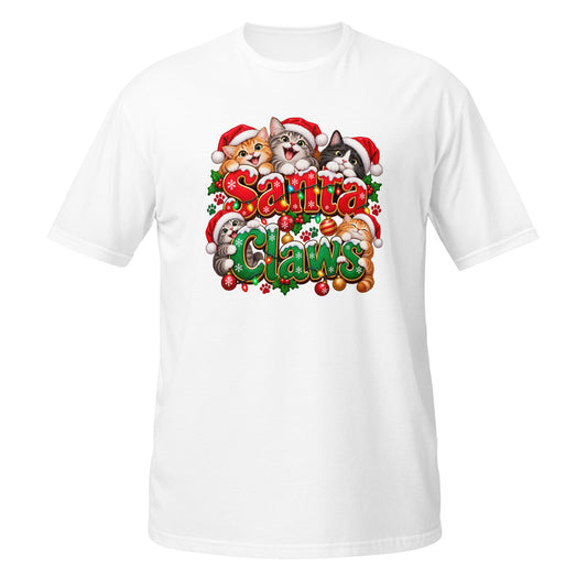 Neonvtg Christmas Cats T-Shirt in White with Santa Claws Design, Vintage Style for Cat Lovers
