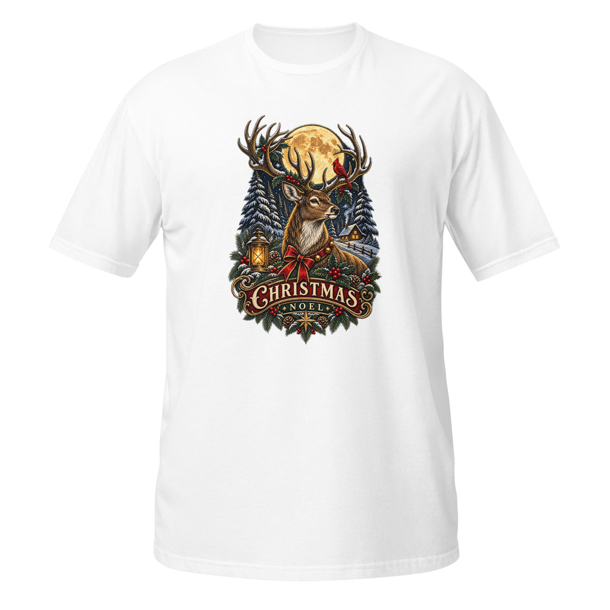 Neonvtg Christmas Deer T-Shirt in White featuring a vintage holiday graphic design