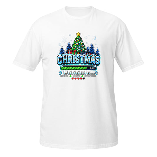 White Christmas T-Shirt featuring a colorful tree and loading design on the front