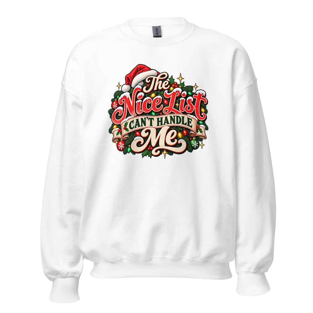 Neonvtg Christmas Nice List white Sweatshirt featuring colorful holiday graphic design