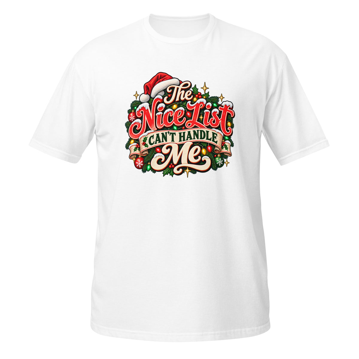 NeonVtg Christmas Nice List T-Shirt in white featuring a festive design with a Santa hat