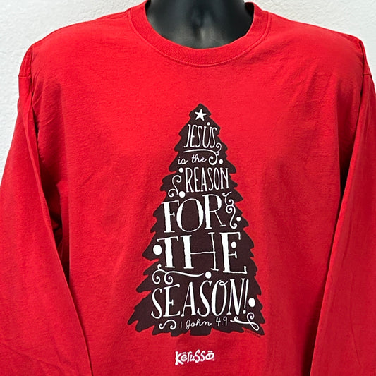 Red Kerusso long-sleeve T-shirt with Christmas tree design and message 'Jesus is the reason for the season'