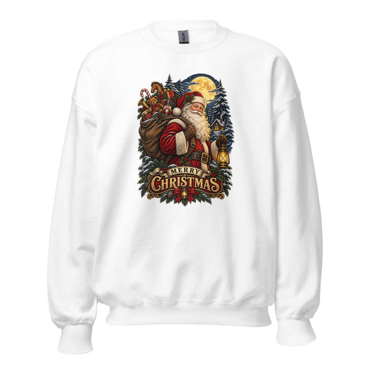 Neonvtg Christmas Santa Sweatshirt in white featuring a vintage Santa design with a sack and forest background