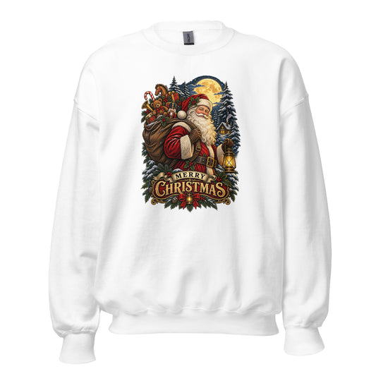 Neonvtg Christmas Santa Sweatshirt in white featuring a vintage Santa design with a sack and forest background
