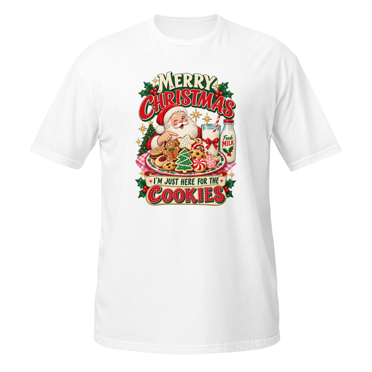 White Christmas T-shirt featuring Santa with cookies and milk graphic, front view.