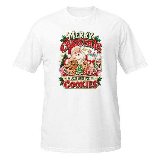 White Christmas T-shirt featuring Santa with cookies and milk graphic, front view.