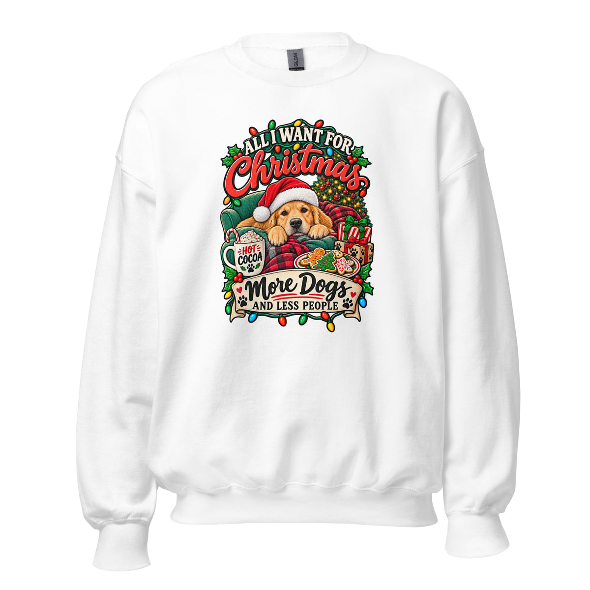 White Christmas T-shirt featuring a dog illustration and text 'All I Want for Christmas' with festive decorations