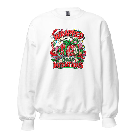 White T-shirt with colorful Christmas graphic saying Wrapped with Good Intentions, front view