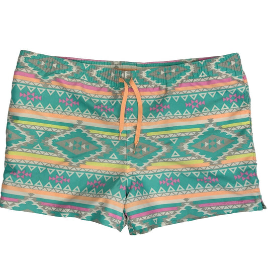 Chubbies turquoise patterned shorts with colorful tribal design and front view, featuring an elastic waistband