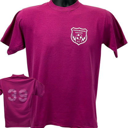 Maroon Jerzees T-Shirt with New Jersey logo and 'Cinnaminson Soccer' graphic, featuring number 39 on back