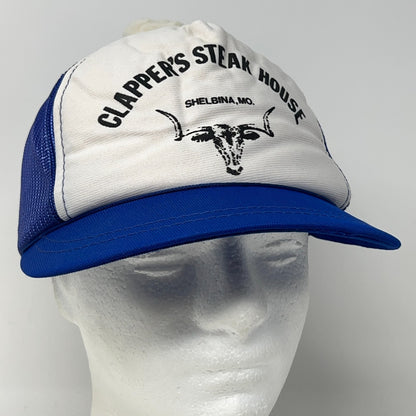 Vintage Clapper's Steak House Trucker Cap Hat in White and Blue, front view, vintage