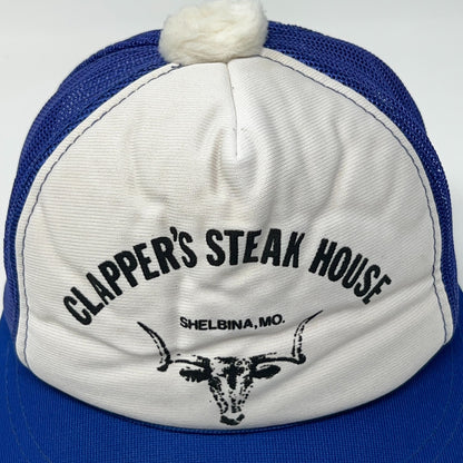 Vintage Trucker Cap Hat in Blue and White with Clapper's Steak House Design, Front View