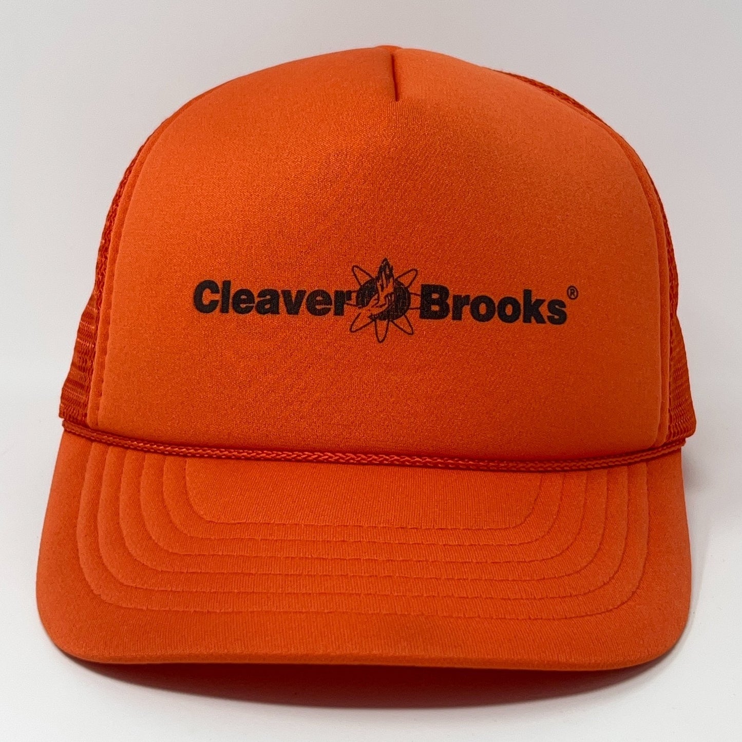 Orange Vintage Trucker Hat with Cleaver-Brooks logo, front view, structured design and mesh back.