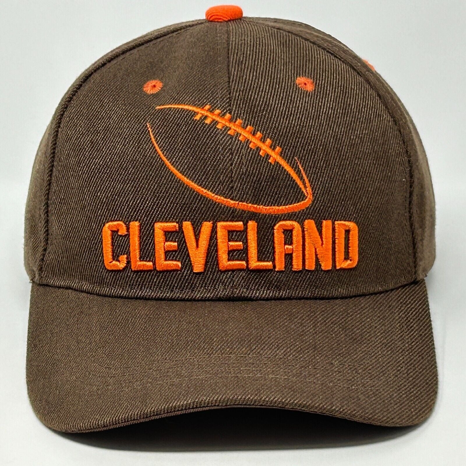 Brown Cleveland Browns Hat with Orange Embroidery and Football Design on Front View