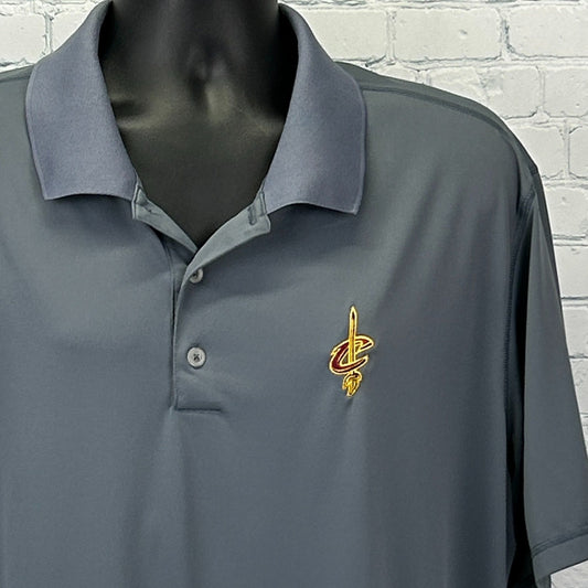 Gray adidas Cleveland Cavaliers Polo featuring an embroidered logo on the chest, front view