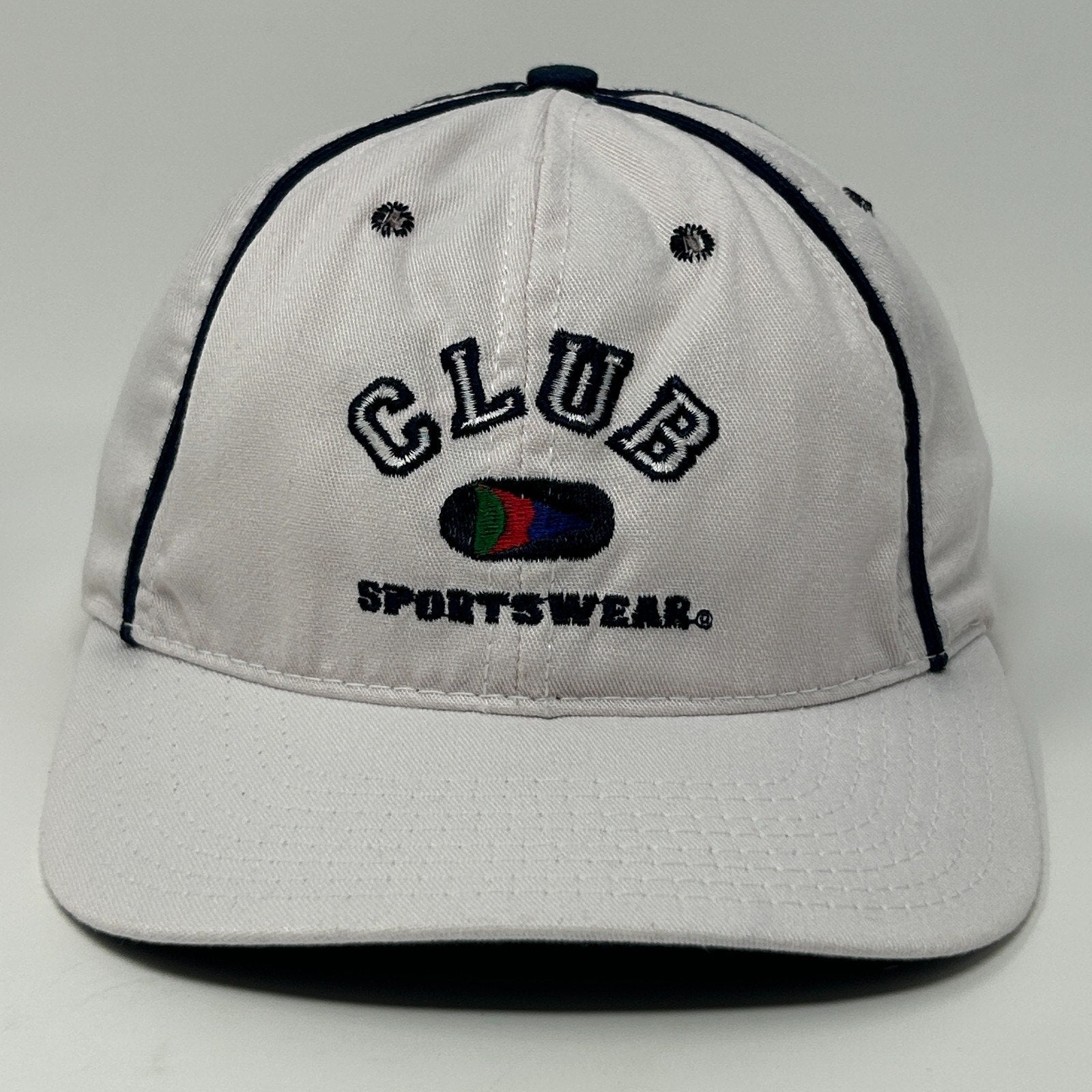 Front view of a vintage hat in white with a CLUB SPORTSWEAR logo and contrasting trim