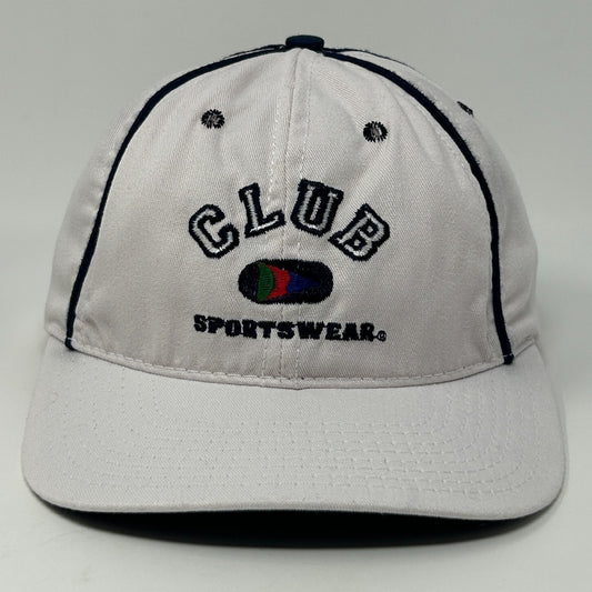 Front view of a vintage hat in white with a CLUB SPORTSWEAR logo and contrasting trim