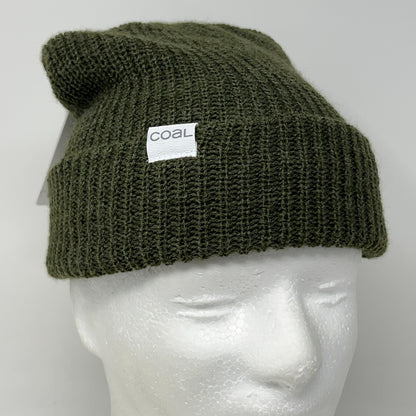 Olive green Coal Headwear beanie with a folded cuff and white logo tag on the front