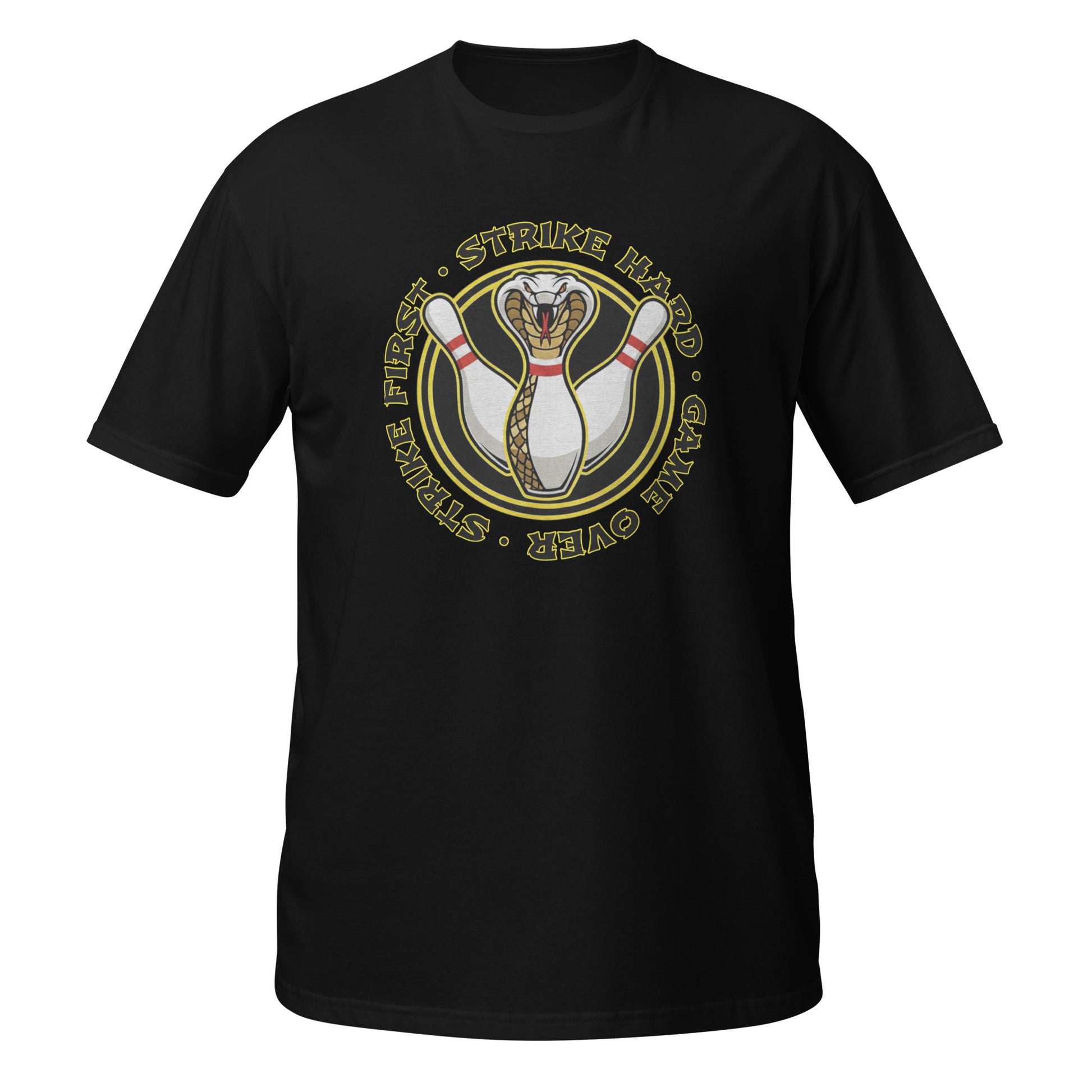 Black Neon Vintage Bowling T-Shirt featuring a cobra logo on the front with vibrant graphics