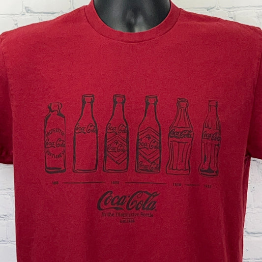 Red Coca-Cola T-shirt featuring vintage bottle designs from 1886 to 1963 on the front