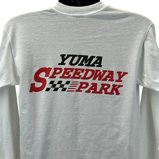 Vintage Cocopah Long Sleeve T-Shirt in White with Yuma Speedway Park Logo on the Front