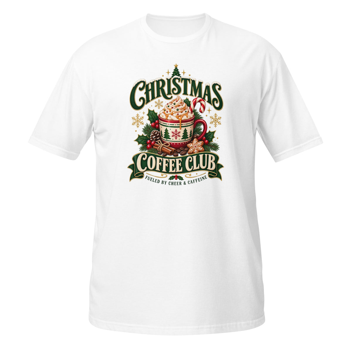 White Christmas T-shirt featuring a colorful Coffee Club graphic with a festive mug design