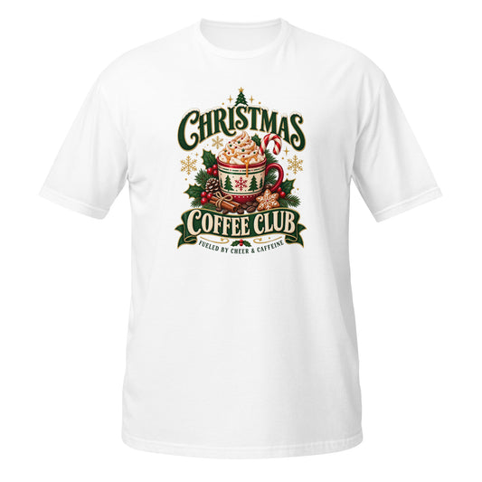 White Christmas T-shirt featuring a colorful Coffee Club graphic with a festive mug design