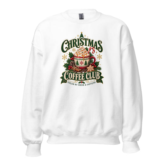 White Christmas Coffee Club T-Shirt featuring festive graphics and cozy design, perfect for holiday celebrations
