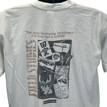 White Fruit of the Loom T-Shirt with College of Dupage graphic on back showcasing quotes and designs