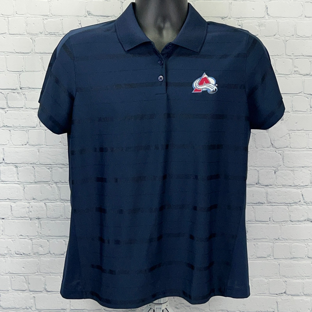 Antigua Colorado Avalanche Women's Navy Polo Shirt with Striped Pattern and Team Logo