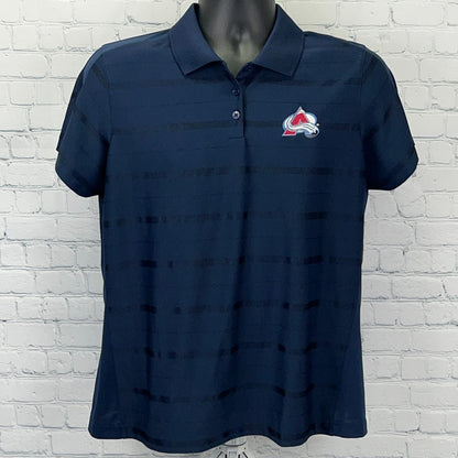 Antigua Colorado Avalanche Women's Navy Polo Shirt with Striped Pattern and Team Logo