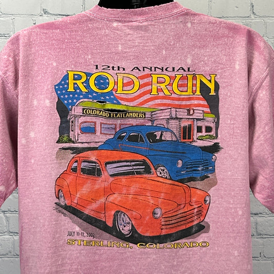 Pink Fruit of the Loom T-Shirt showcasing the 12th Annual Rod Run design with Colorado Flatlanders Car Club logo on the back