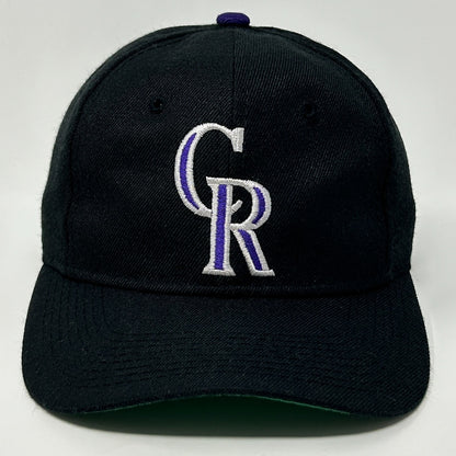 Black Colorado Rockies cap with embroidered CR logo, front view, adjustable fit for fans.