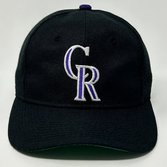 Black Colorado Rockies cap with embroidered CR logo, front view, adjustable fit for fans.