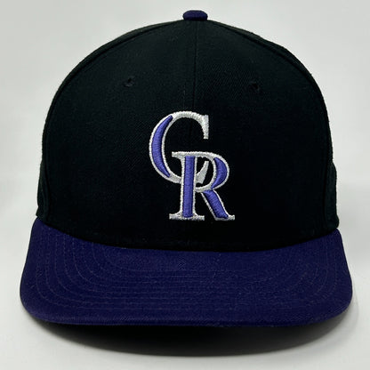 Front view of Colorado Rockies Hat in black and purple with embroidered logo detailing