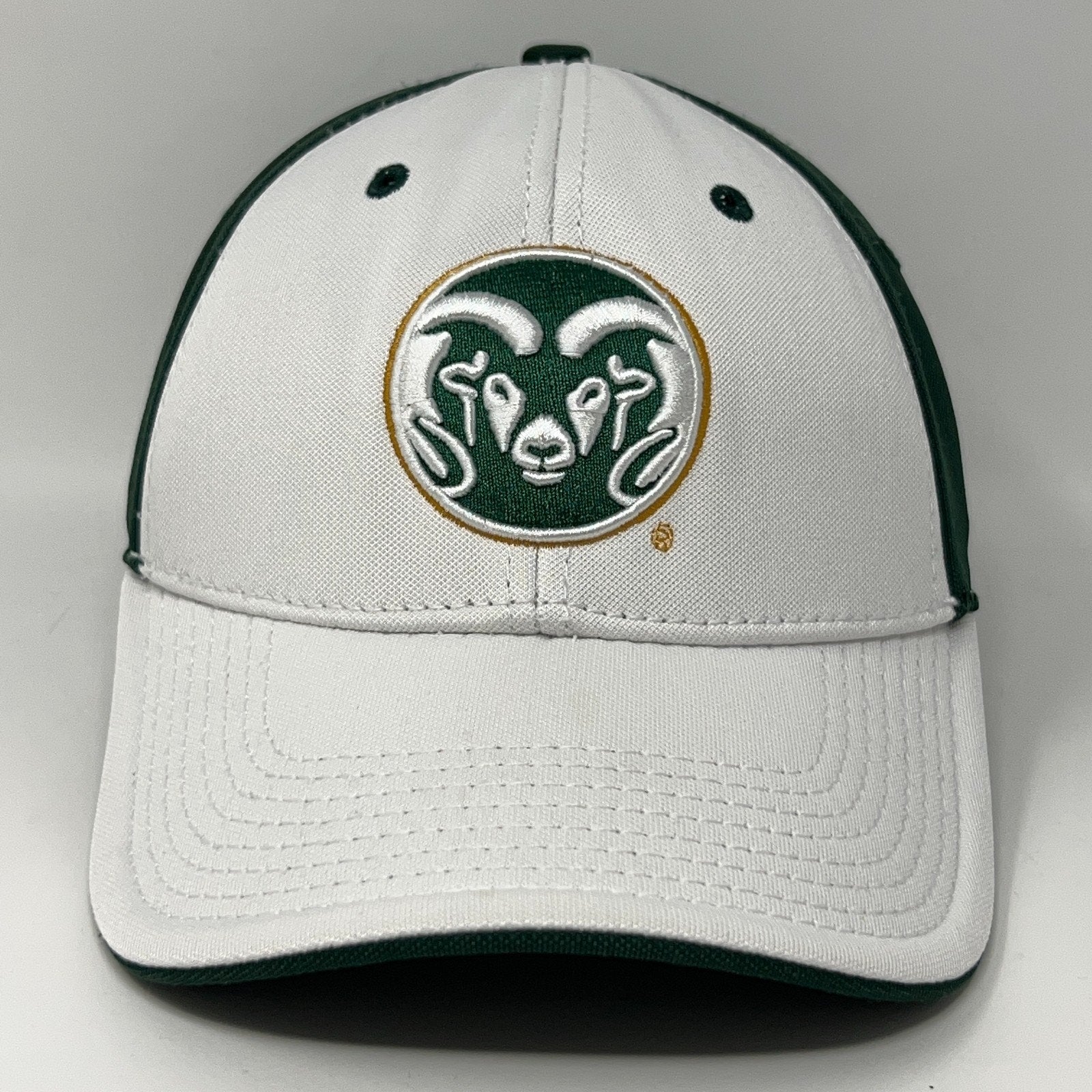 White Colorado State Rams Hat with Green Logo, Front View.