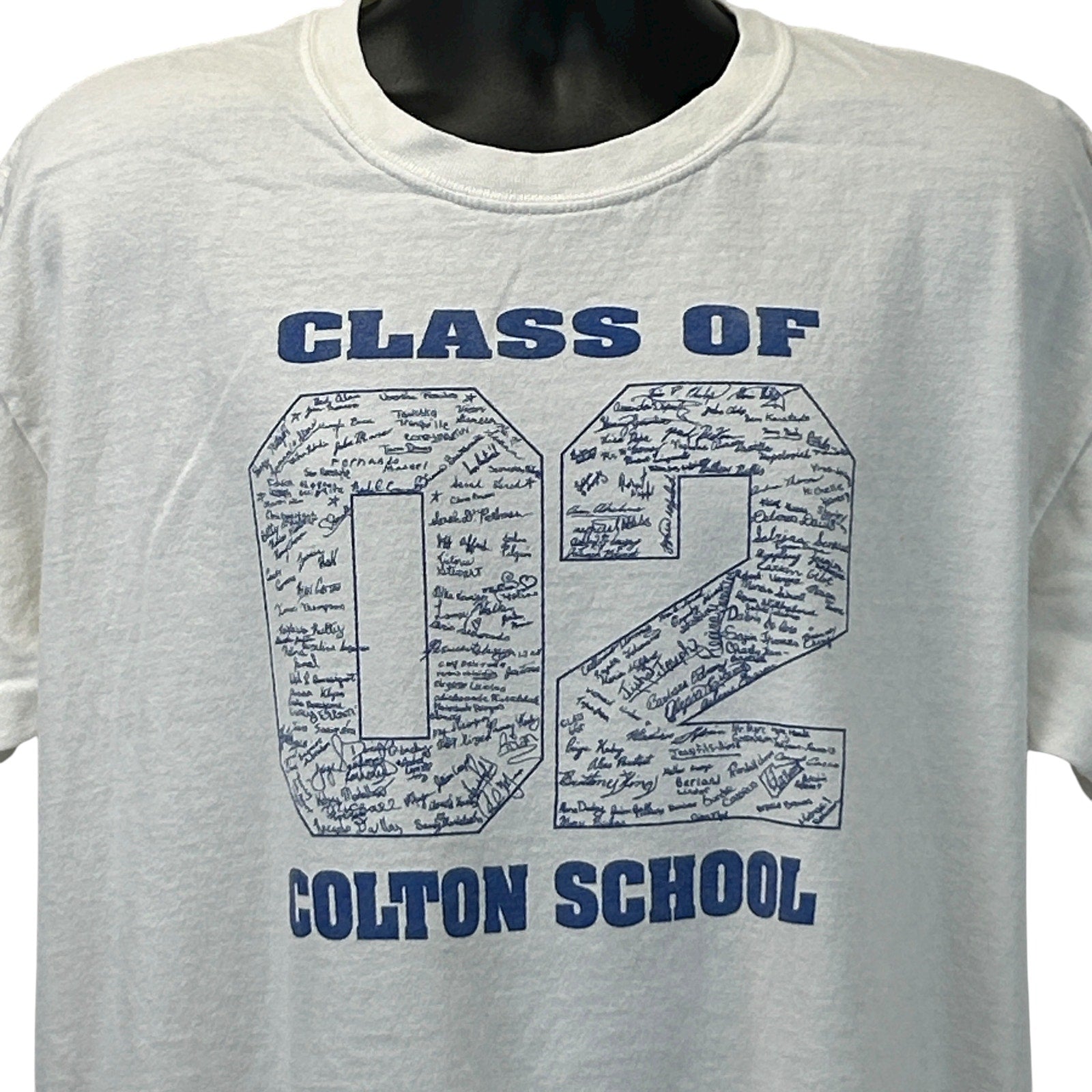 White Gildan T-Shirt featuring Class of 02 Colton High School graphic on the front