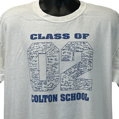 White Gildan T-Shirt featuring Class of 02 Colton High School graphic on the front
