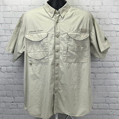 Columbia PFG Short-Sleeve Fishing Shirt in Tan with Multiple Pockets for Outdoor Adventures