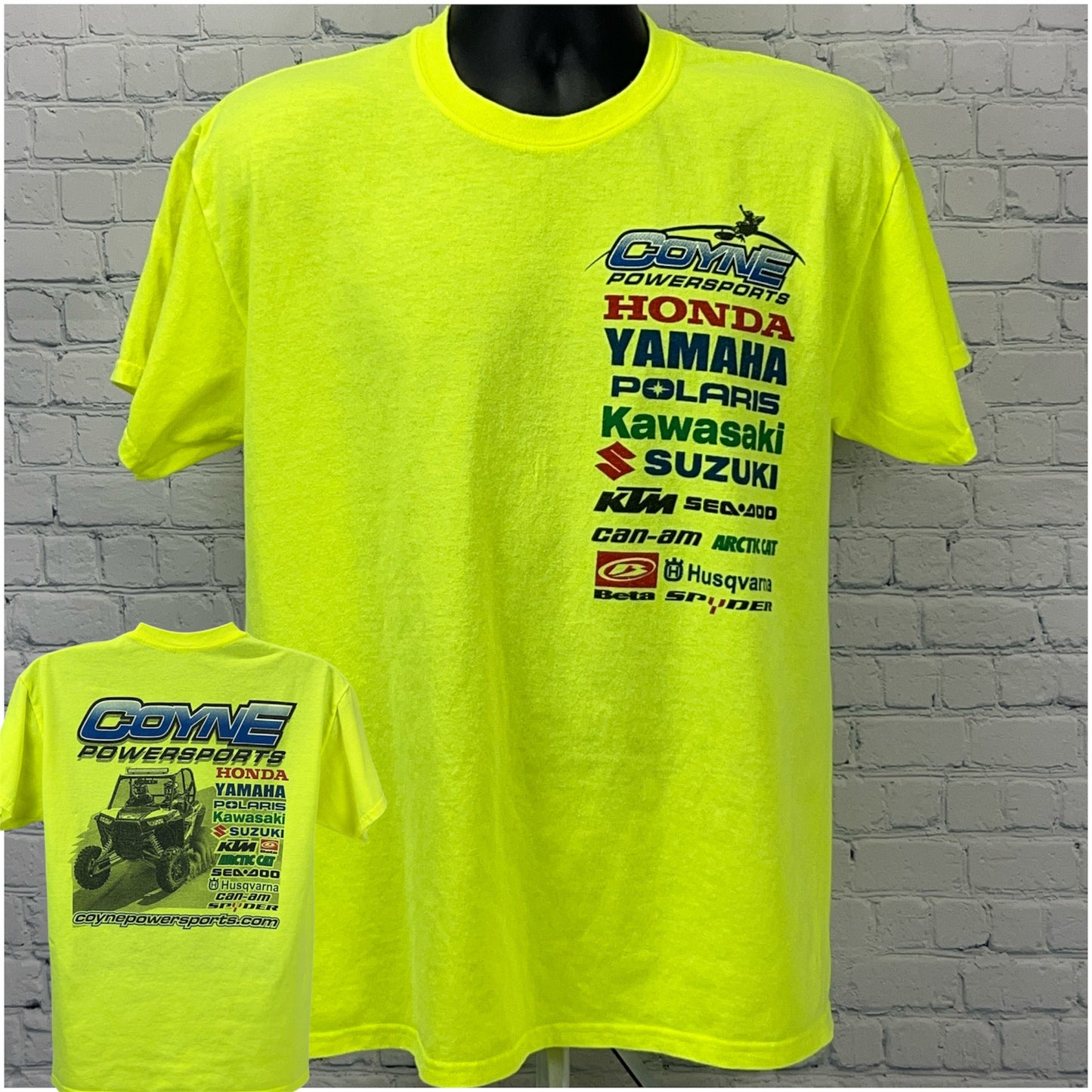 Anvil Yellow Off Roading T-Shirt in Large featuring logos of Honda, Yamaha, and more on the front